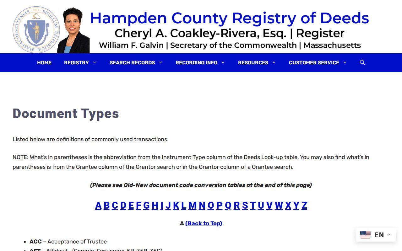 West Springfield previous residents Hampden Registry recorded-instrument abbreviations