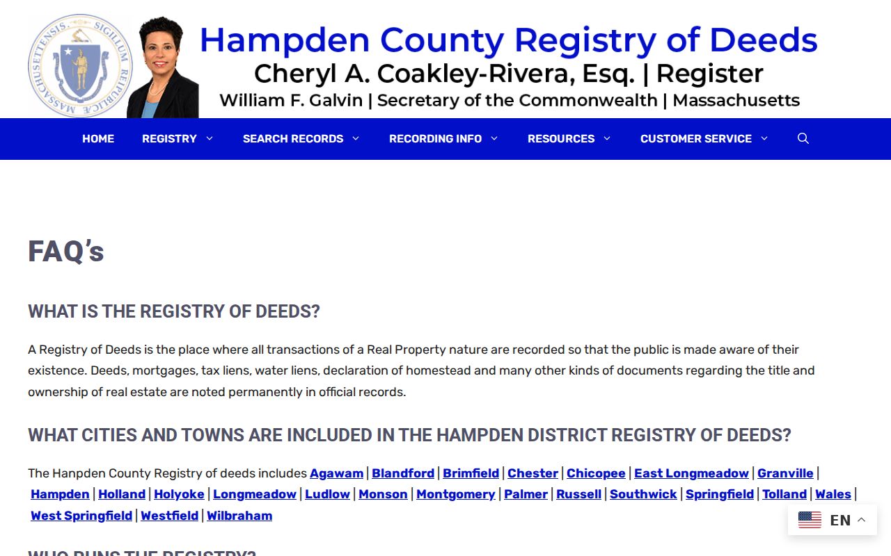 West Springfield previous residents Hampden Registry public-access guide