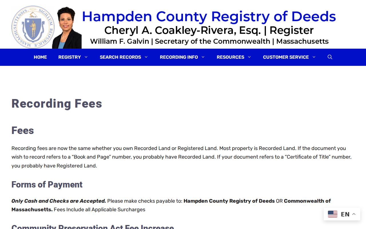 West Springfield previous residents source showing Hampden Registry recording and copy fees